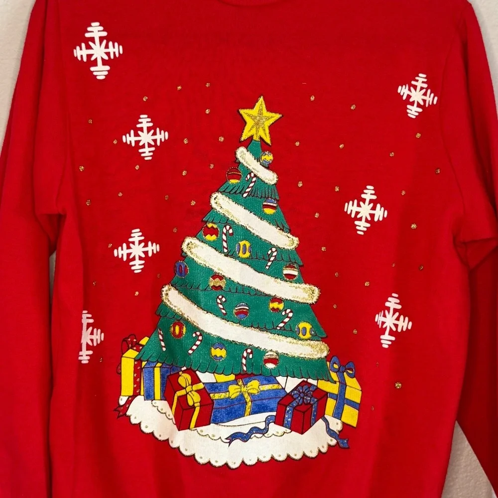 Vintage Medium Christmas Tree Sweatshirt Puffy Paint Red Holiday Festive Party - Picture 3 of 8